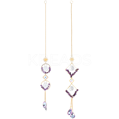 2Pcs 2 Style Teardrop K9 Glass & Natural Amethyst Chip Pendant Decorations HJEW-GO0001-04-1
