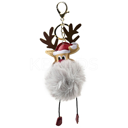 Imitation Rex Rabbit Fur & PU Leather Christmas Reindeer Pendant Keychain LS-KEYC-K018-03KCG-01-1
