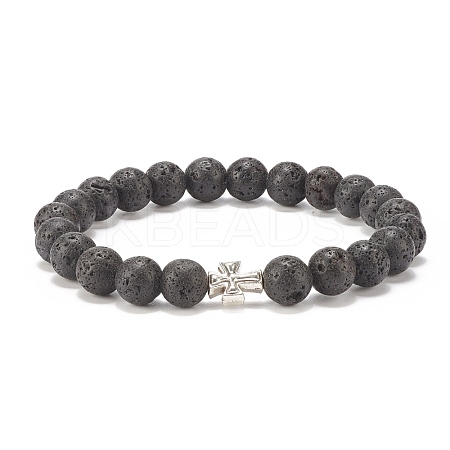 Natural Lava Rock Stretch Bracelet with Alloy Cross BJEW-JB08192-04-1