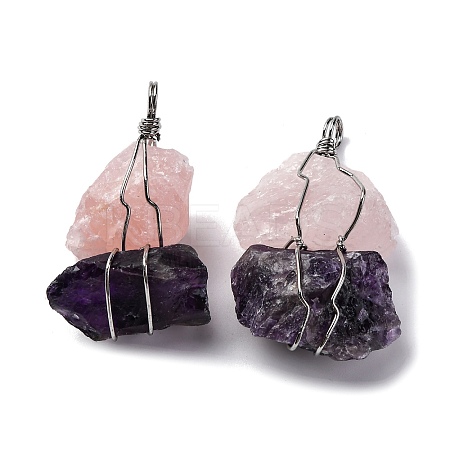 Natural Amethyst & Rose Quartz Nuggets Big Pendants G-K338-43P-02-1