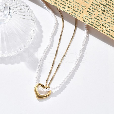 Ion Plating(IP) 304 Stainless Steel & Plastic Pearl Beaded Double Layer Necklaces NJEW-P320-25G-1