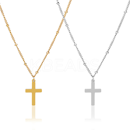 2Pcs 2 Colors 304 Stainless Steel Cross Pendant Necklace with Satellite Chains NJEW-FI0001-48-1