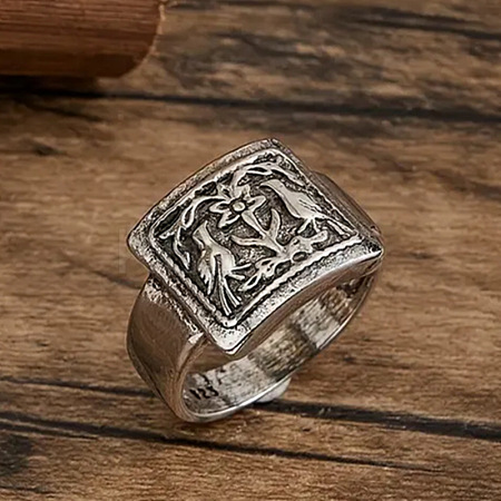 Rectangle with Bird & Flower Pattern Alloy Finger Rings FS-WGF2270-04-1