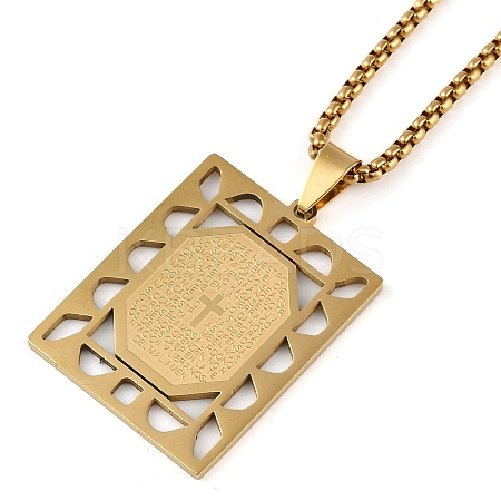 201 Stainless Steel Hollow Rectangle with Cross Pendant Box Chain Necklaces LS-NJEW-D089-06G-1