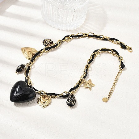 304 Stainless Steel & Acrylic Black Heart Pendant Bib Necklaces for Women NJEW-A063-04G-1