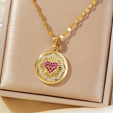 Elegant Fashion Brass Clear & Hot Pink Cubic Zirconia Circle Heart Pendant Necklaces for Women RR6975-1-1
