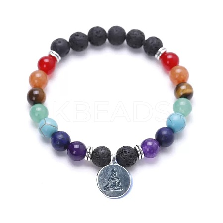 Alloy Buddha Charm Chakra Round Gemstone Beaded Stretch Bracelets ID6522-2-1