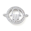 Rack Plating Brass Micro Pave Clear Cubic Zirconia Flat Round with Hamsa Hand Connector Charms KK-A234-039P-1
