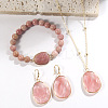 Oval Alloy & Natural Rhodonite & Cherry Quartz Glass Pendant Necklaces & Beaded Bracelets & Dangle Earrings Sets WGD3DFC-05-1
