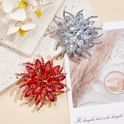2Pcs 2 Colors Flower Alloy Glass Rhinestone Lapel Pins for Wedding Party JEWB-DR0001-07A-1