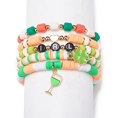Saint Patrick's Day Freshwater Pearl & Handmade Polymer Clay Heishi Stretch Bracelets Sets BJEW-JB08768-1