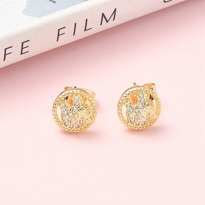 Round Brass Micro Pave Clear Cubic Zirconia Stud Earrings EJEW-Z144-21G-1
