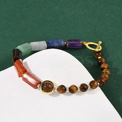 Natural Tiger Eye & Natural Mixed Stone & Brass Round & Prism Beaded Bracelets for Women BJEW-G752-01G-03-1