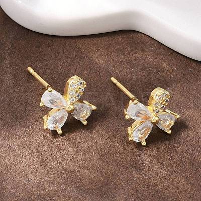 Flower Brass Micro Pave Clear Cubic Zirconia Stud Earrings EJEW-F400-01A-G-1