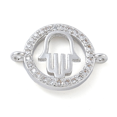 Rack Plating Brass Micro Pave Clear Cubic Zirconia Flat Round with Hamsa Hand Connector Charms KK-A234-039P-1