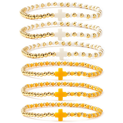 6Pcs Brass Round Beads Stretch Bracelets TI2646-2-1