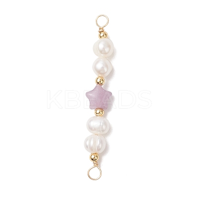 Synthetic Blue Lace Agate & Natural Rhodonite & Rose Quartz & Green Aventurine & Lepidolite/Purple Mica Stone Star with Natural Cultured Freshwater Pearl Connector Charms PALLOY-JF04719-1
