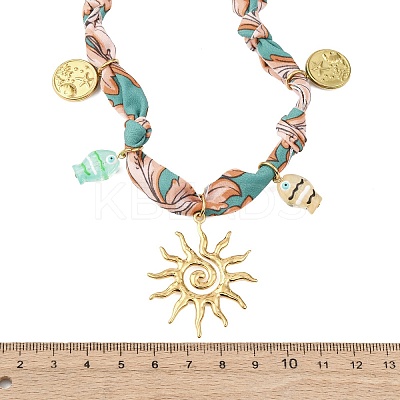 304 Stainless Steel Sun & Resin Fish Pendant Polyester Scarf Necklaces for Women NJEW-D340-03G-1