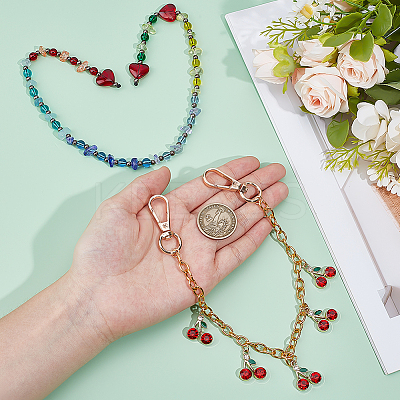 2Pcs 2 Styles Glass Beaded and Alloy Cherry Aluminum Chains Bag Decorative Chains HJEW-PH02234-1