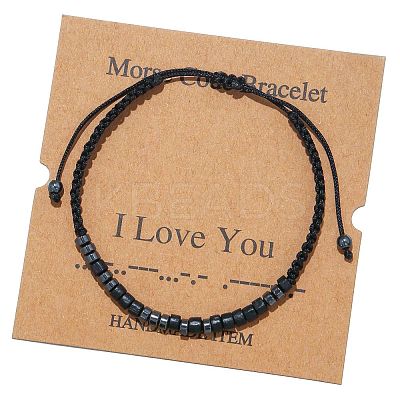 I Love You Synthetic Non-magnetic Hematite & Wood Beads Morse Code Bracelets WGB6EC0-10-1