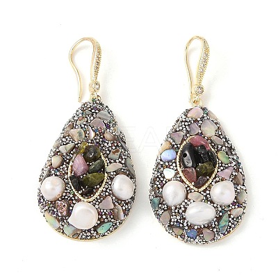 Natural Pearl & Rhinestone Dangle Earrings EJEW-L286-14G-1