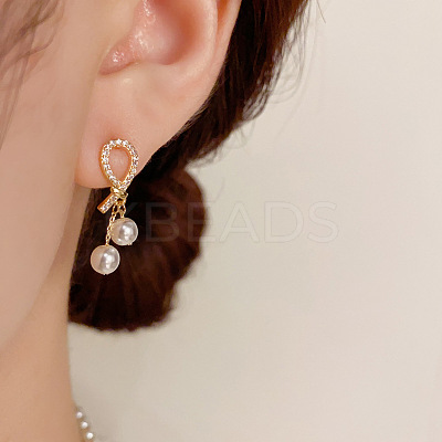 Brass Micro Pave Clear Cubic Zirconia Knot with Round Dangle Stud Earrings FS-WGC5F67-01-1