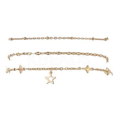 3Pcs 3 Styles 304 Stainless Steel Satellite Chain Dapped Chain Link Chain Anklets Set AJEW-AN00737-1