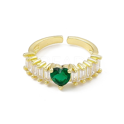 Green Cubic Zirconia Heart Open Cuff Ring RJEW-I091-04G-1