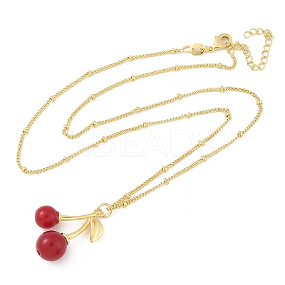 Brass Resin Fruit Cherry Pendant Satellite Chain Necklaces for Women NJEW-D306-02G-B-1