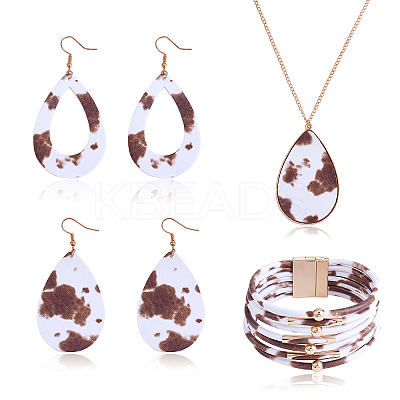 Cow Print Imitation Leather Teardrop Pendant Necklace & Dangle Earrings & Multi-Strand Bracelet JX529J-1