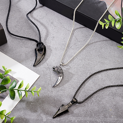 3Pcs 3 Styles Horn & Spearpoint & Wolf 304 Stainless Steel Pendant Necklaces Set with Wax Rope for Men Women NJEW-AN0001-45-1
