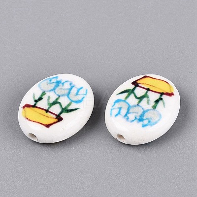 Hand Painted Tulip Flower Oval Porcelain Beads PORC-N012-11F-1