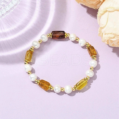 Natural Cultured Freshwater Pearl & Amber Beads Stretch Bracelets for Women BJEW-JB13606-1