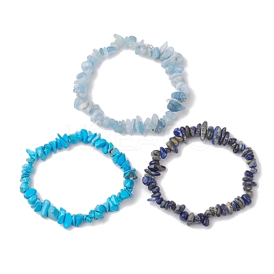 3Pcs Natural Aquamarine & Natural Lapis Lazuli & Synthetic Turquoise Chip Beaded Stretch Bracelet Sets BJEW-JB10861-1