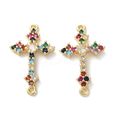 Rack Plating Brass Cubic Zirconia Religion Cross Connector Charm KK-C084-11C-G-1