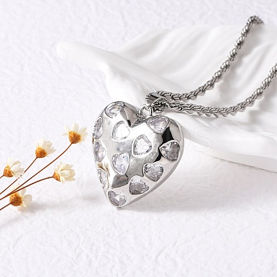Heart Brass Micro Pave Clear Cubic Zirconia Pendant Necklaces for Women NJEW-S385-04A-P-1