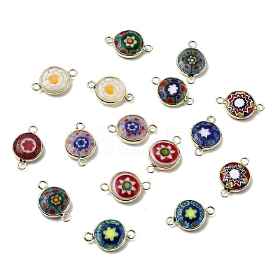 Handmade Millefiori Lampwork Flat Round Connector Charms LAMP-D002-02B-G-1