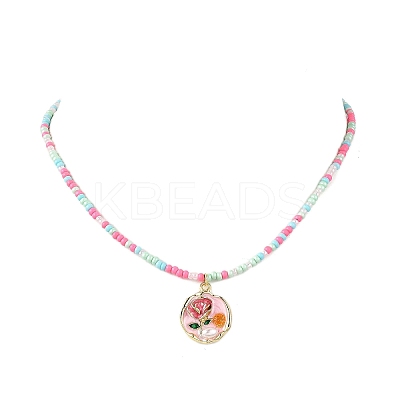 Flower Alloy Enamel Pendant Glass Seed Beaded Necklaces for Women NJEW-JN05550-02-1