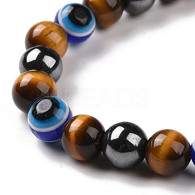 4Pcs Natural Gemstone and Evil Eye Resin Beads Stretch Bracelets Set for Women Men BJEW-JB08940-1
