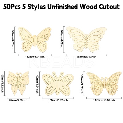 50Pcs 5 Styles Unfinished Wood Cutout AJEW-CJ0001-42-1