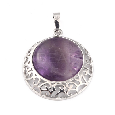 Natural Amethyst Pendants with Hollow Platinum Brass Findings G-P448-A18-P-1