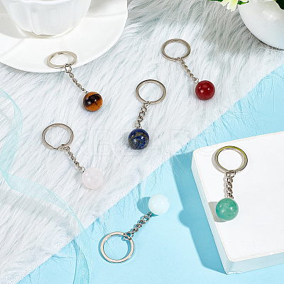 6Pcs 6 Styles Round Natural & Synthetic Gemstone Pendant Keychain KEYC-DR0001-02-1