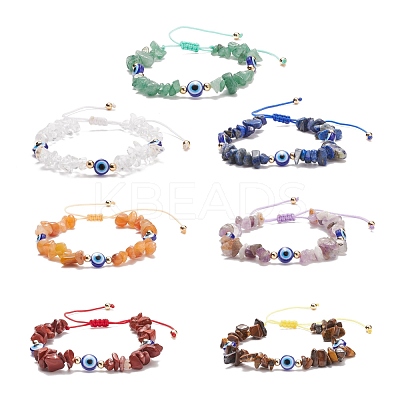 7Pcs 7 Style Natural Mixed Stone Chips & Resin Evil Eye Braided Bead Bracelets Set BJEW-JB08495-1
