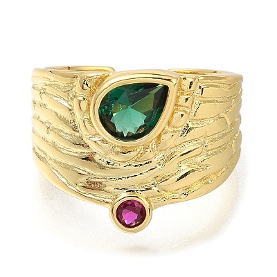 Rack Plating Brass Micro Pave Cubic Zirconia and Glass Open Cuff Rings for Women RJEW-M022-02G-1