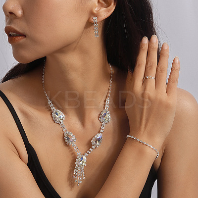 Teardrop Alloy Rhinestone Bracelets & Earrings & Necklaces & Rings Sets for Women FS-WG7FCB3-01-1