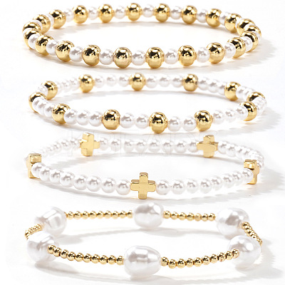 4Pcs 4 Styles Elegant Imitation Pearl & Brass Beads Stretch Bracelets for Women YV1811-1-1