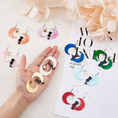 9 Sets 9 Colors Moon & Star & Cat Resin Asymmetrical Earrings EJEW-FI0002-35-1