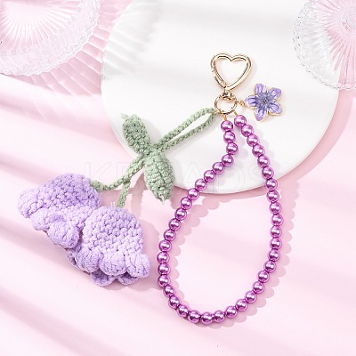 Handmade Cotton Yarn Crochet Lily of the Valley & Glass Pearl Round Bead Pendant Decorations HJEW-JM04389-01-1