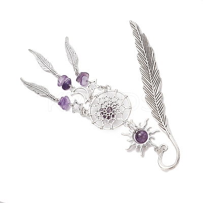 Alloy Sun & Woven Net/Web with Feather Charms Bookmarks AJEW-JK00368-02-1