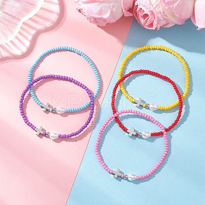 5Pcs Glass Seed Bead Stretch Bracelets with Brass Cross & Imitation Pearl BJEW-MZ00300-1